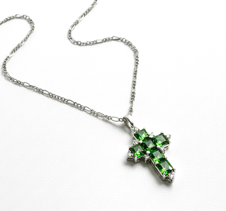 Emerald Cross Pendant – 14K Gold with Diamonds