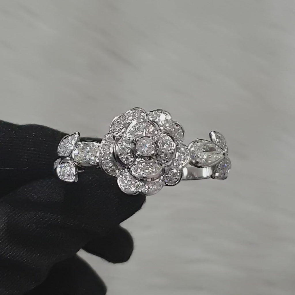 Diamond Signature Rose Two Finger Ring - White Gold