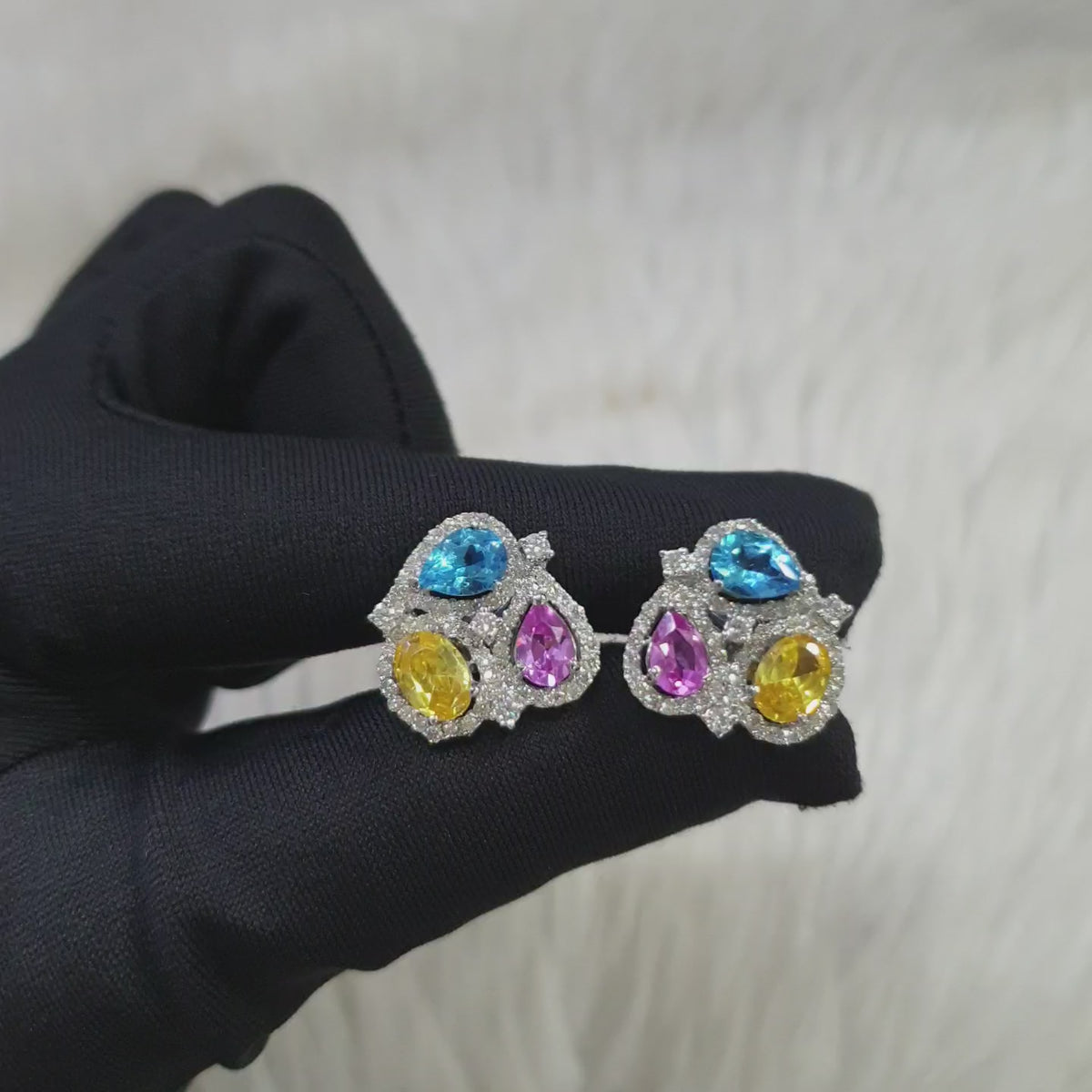 Colored Stone Cluster Pair Earrings - 14K White Gold
