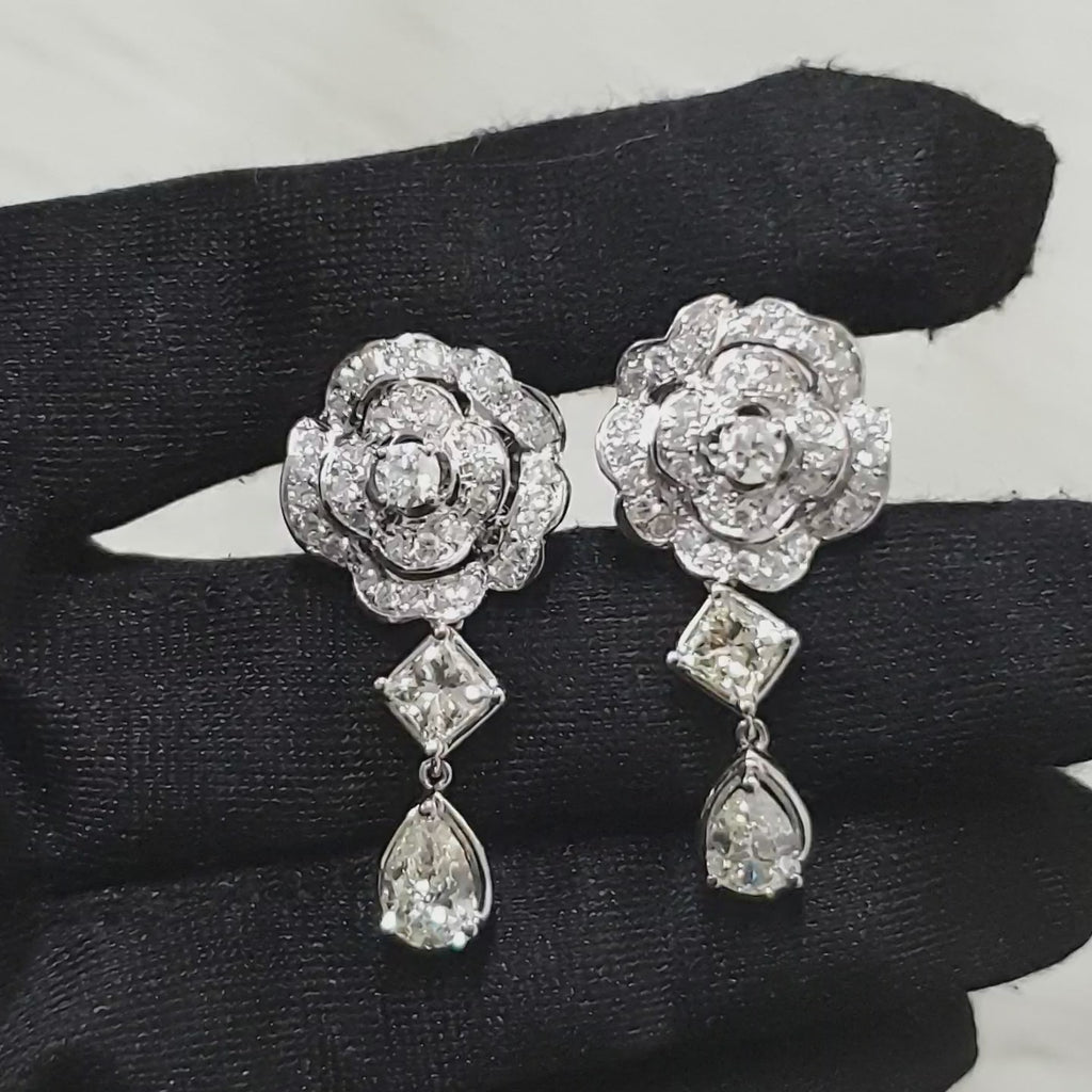 Diamond Flower Drop Earring - 14K White Gold