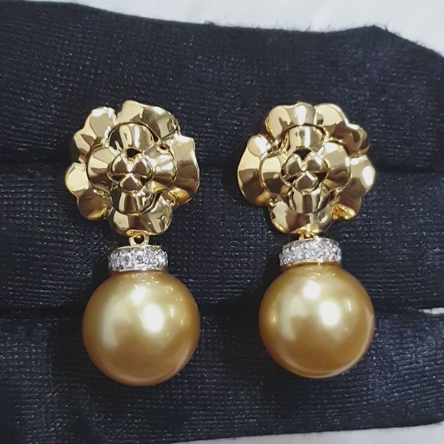Golden South Sea Pearl & Camellia Earrings - 14K Yellow Gold (SOLD - INQUIRE FOR MADE TO ORDER)