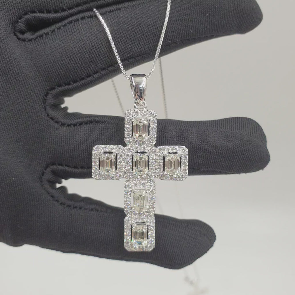 Emerald-Cut Diamond Cross Pendant - 14K White Gold