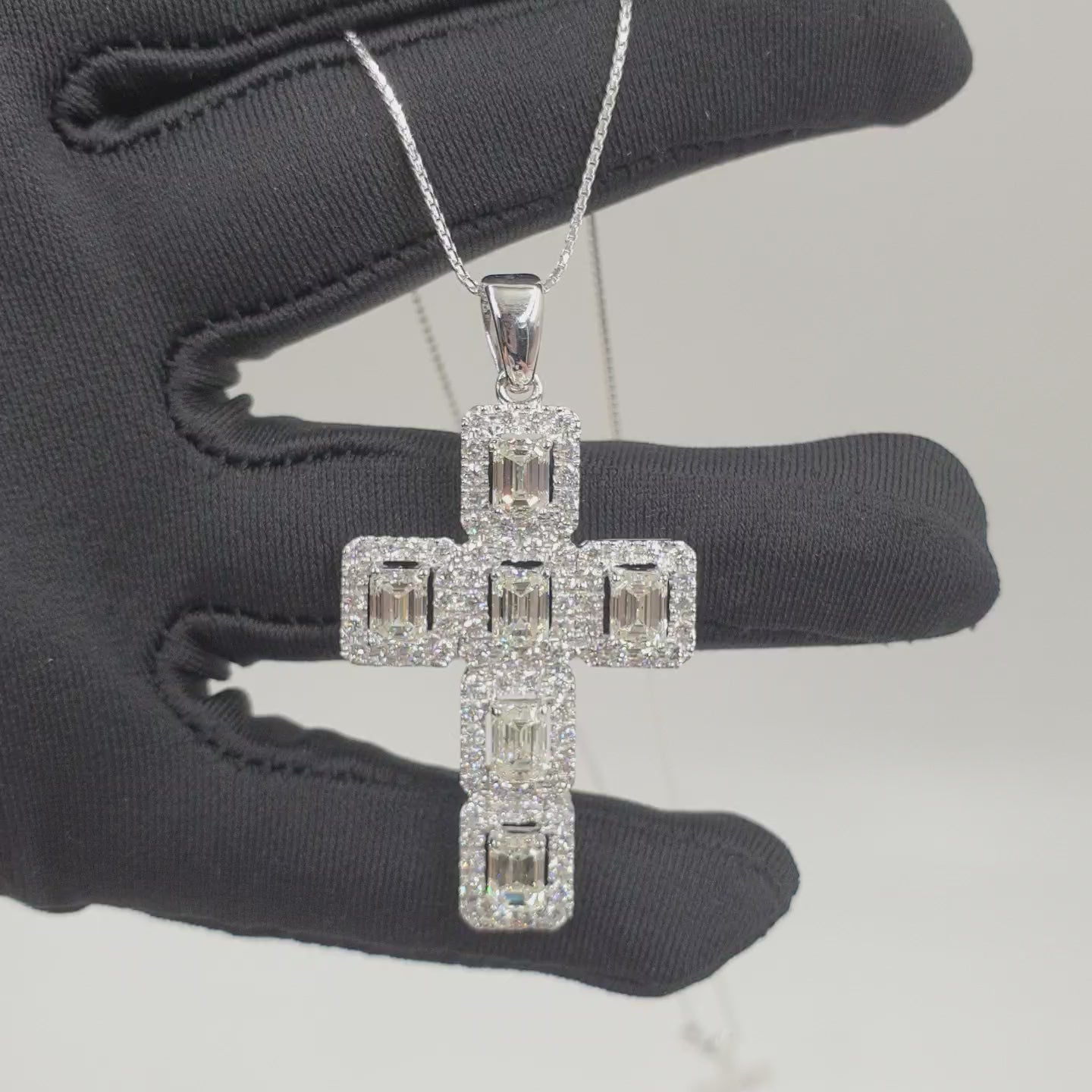 Emerald-Cut Diamond Cross Pendant - 14K White Gold