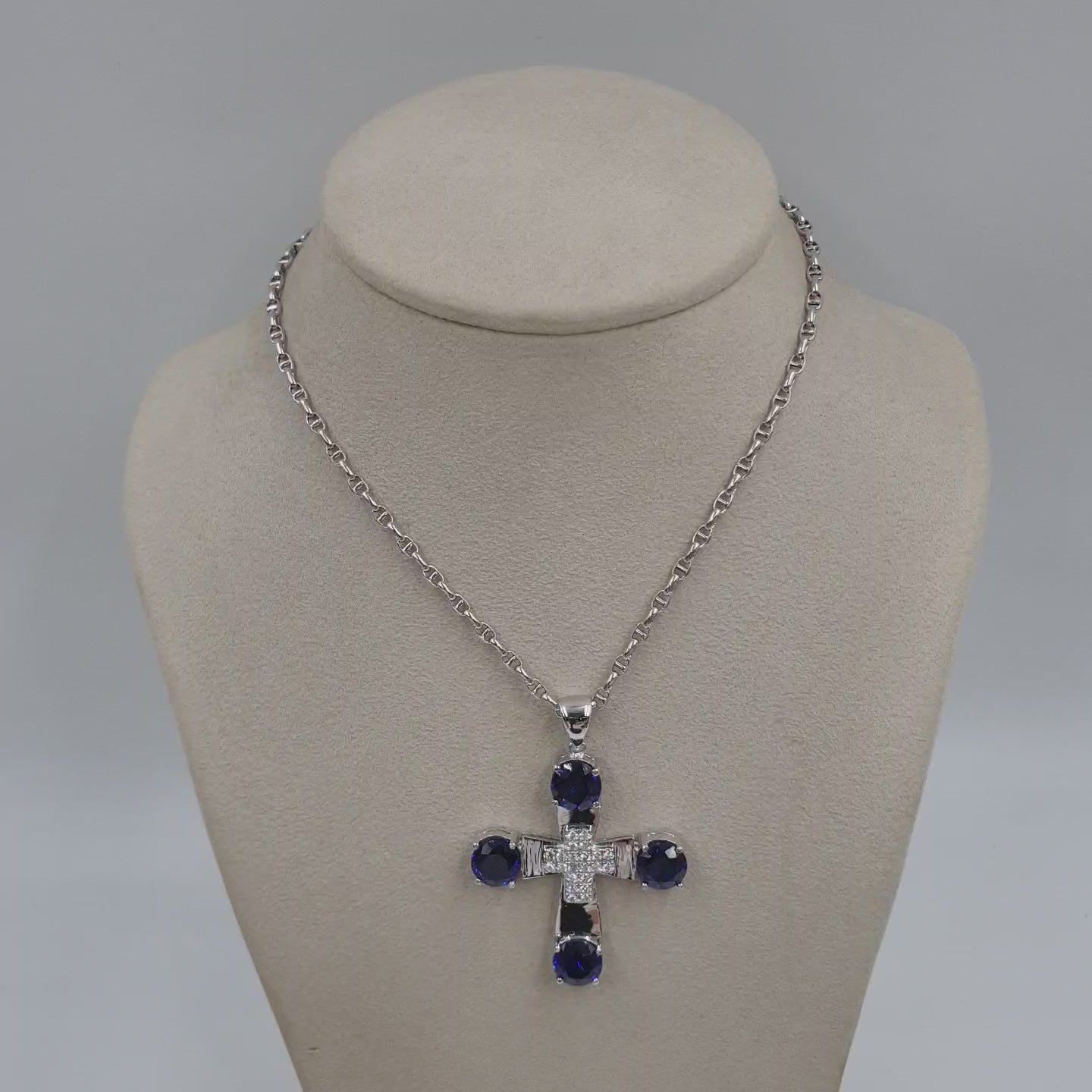 Cross Pendant & Blue Sapphires – 14K White Gold with Diamonds