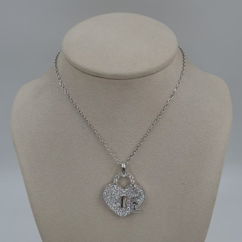 Heart & Key Pendant - 14K White Gold